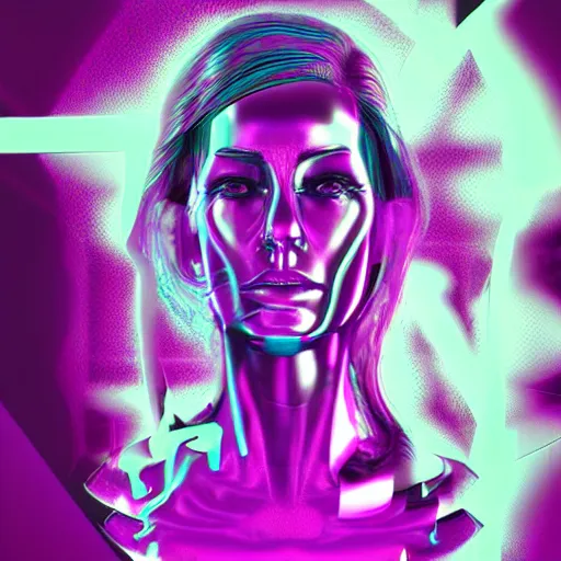 Image similar to chromatic 3d ultra realistic cyborg woman in psychedellic mirror environment digital art in synthwave style