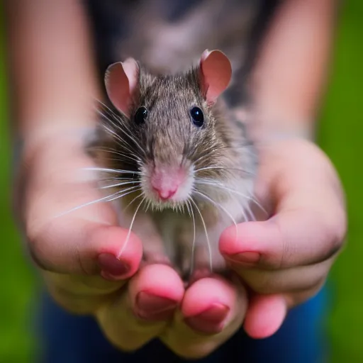 Prompt: ratcatcher 2 holds a cute rat in her hands, photo taken on a nikon, very detailed, 4k