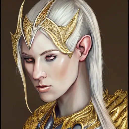Image similar to side portrait of a female elven warrior, fantasy, head tilted down, white hair, gold armour, gold jewelry, white skin, detailed face, trending on artstation, gsociety, D&D, elegant, highly detailed, sophisticated, hyperrealistic, detailed illustration, smooth, sharp focus, upper body, intricate, rule of thirds, holy glow, backlit, hd 4k by Greg Rutkowski, Charlie Bowater, Karol Bak