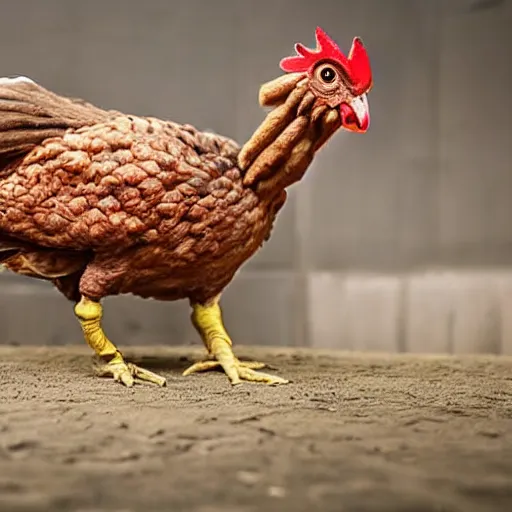 Image similar to a giant, brown war chicken with glowing red eyes and sharp claws