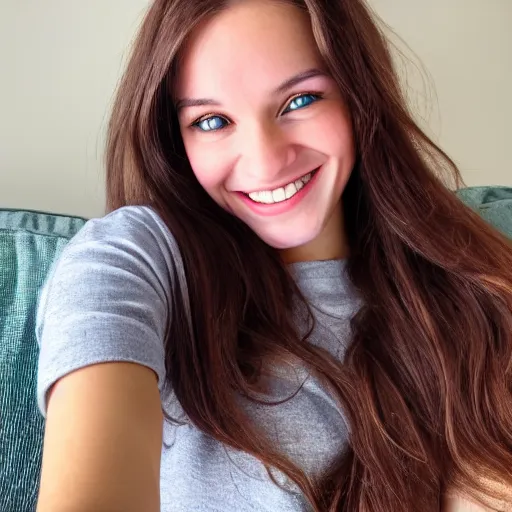 Image similar to Selfie photograph of a cute young woman smiling, long shiny bronze brown hair, full round face, emerald green eyes, medium skin tone, light cute freckles, smiling softly, wearing casual clothing, relaxing on a modern couch, interior lighting, cozy living room background, close-up shot, professional photography