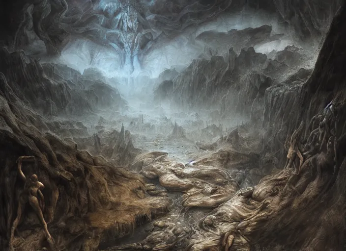 Image similar to acheron river of hell | highly detailed oil painting, hyperrealistic, very intrincate | cinematic lighting, award - winning | by rachel ruysch, giger, beksinski and bocklin | by austin osman spare and william blake, trending on artstation, cgsociety, official art, octane.