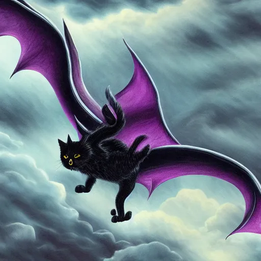 Image similar to super detailed black fluffy cat riding a purple dragon in a storm, ultrarealistic, highly detailed, soft colors