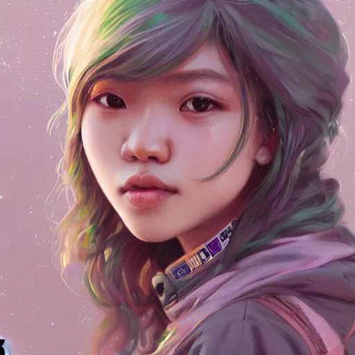 Image similar to portrait of a cute Thai girl with a messy curly hair, pastel hair, streetwear fashion, highly detailed, digital painting, artstation, concept art, sharp focus, illustration, art by artgerm and greg rutkowski and alphonse mucha