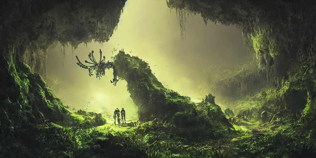 Image similar to magnificent mechanical steampunk robotlike creature looking eerily into a cave entrance with lush vegetation and mystical (((glowing algae))) in the sunset, light coming through from holes in the ceiling, desaturated, creepy ambiance, dangerous, sharp focus, highly detailed, artgerm