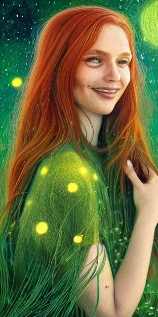 Image similar to infp young woman, smiling amazed, golden fireflies lights, sitting in the midst of nature fully covered, long loose red hair, intricate linework, green eyes, small nose with freckles, oval shape face, realistic, expressive emotions, dramatic lights spiritual scene, hyper realistic ultrafine art by michael cheval, jessica rossier, boris vallejo