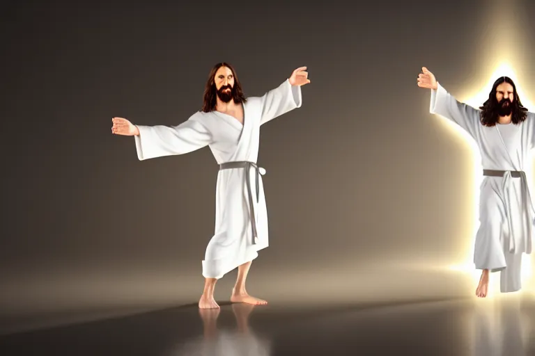 Image similar to jesus christ wearing a white robe strikes a dance pose in the apocalypse, intricate, hyper detailed, accent lighting, dramatic light, 4 k octane render