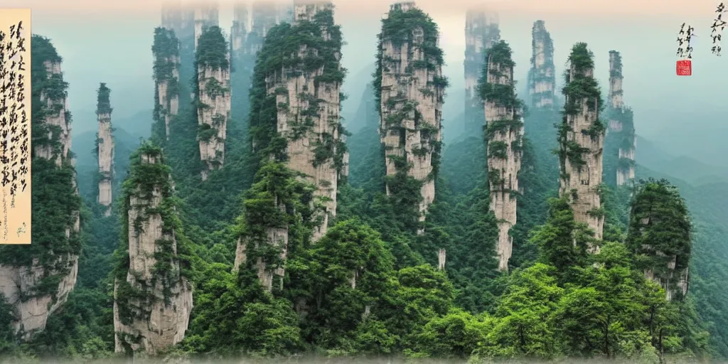 Prompt: Breath-taking beautiful trees, rocks, clouds, mist, Zhangjiajie, An aesthetically pleasing, dynamic, energetic, lively, complex, intricate, detailed, well-designed digital art of trees, rocks, clouds, mist, Zhangjiajie in early morning, light and shadow, overlaid with aizome patterns, Shin-hanga by Thomas Kinkade and Bob Ross, traditional Japanese colors, superior quality, masterpiece, featured, trending, award winning, HDR, HD, UHD, 4K, 8K, anamorphic widescreen