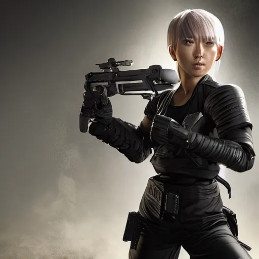 Image similar to a female android martial-artist/mercenary holding a rifle Photorealistic HD 8k highlights and shadow detailed High Resolution