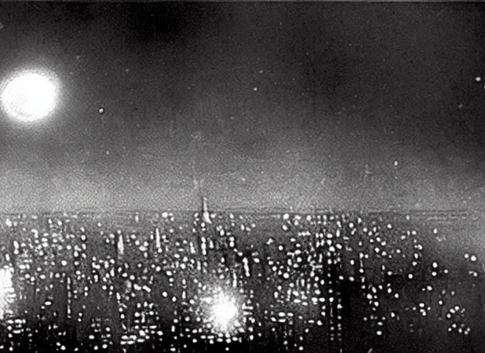 Image similar to vintage film still of the moon exploding over new york city in the 1 9 2 0 s from the old sci - fi movie