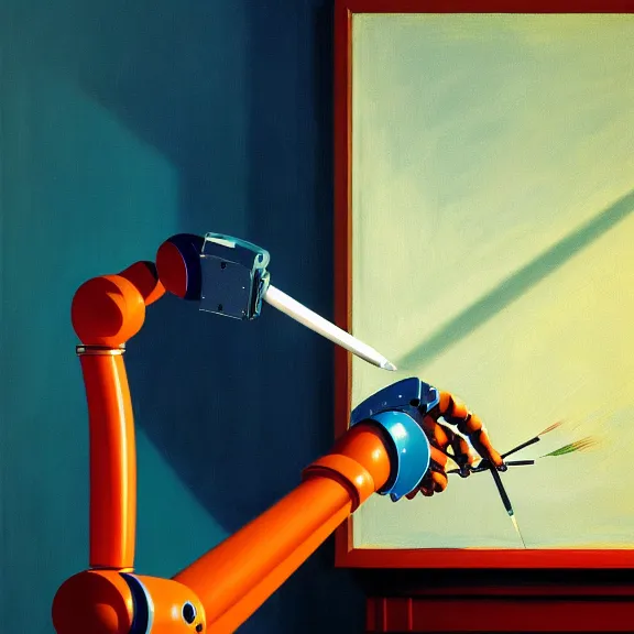 Prompt: beautiful illustration of a robotic arm holding a paintbrush in front of a canvas by Edward Hopper, clean lines, very detailed, colorful octane render