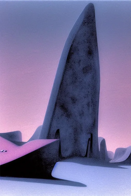 Image similar to emissary space by arthur haas and bruce pennington and john schoenherr, photo realism, cinematic matte painting, zaha hadid building in the mountains with falling snow, monochrome color palate, pink sunset,