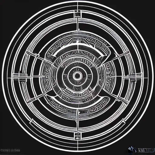 Image similar to 2 d techno buddha in front of concentric geometric radial sun portal with ancient wuji symbols embedded within it, black fine lines, sci fi, artstation