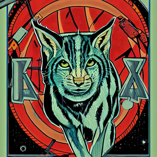 Image similar to lynx - headed space pirate, science fiction, pulp sci fi, heavy metal magazine, illustration