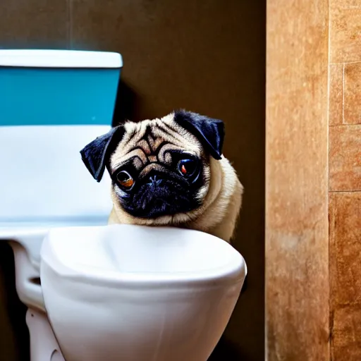 Prompt: a pug climbing out of a toilet, bathroom interior background, photo