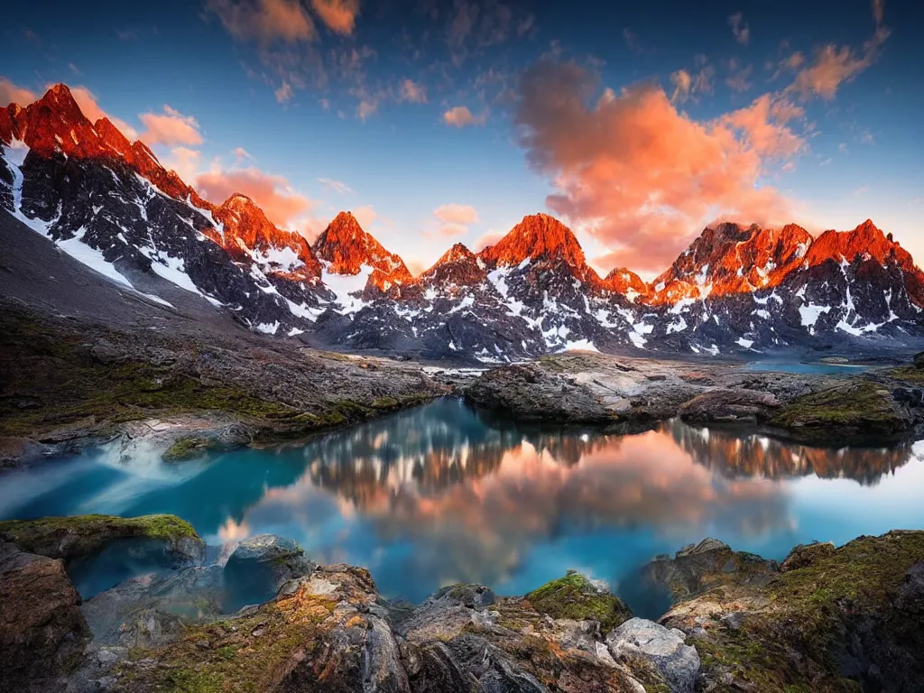 Image similar to amazing landscape photo of mountains with lake in sunset by marc adamus, beautiful dramatic lighting