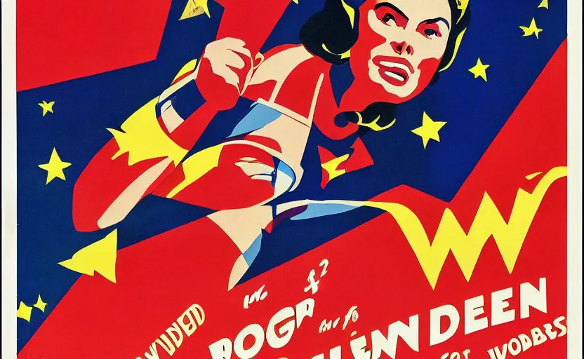 Prompt: ingrid bergman as wonder woman. poster for the 1 9 4 8 film'wonder woman versus the robots '. colourful photographic collage. action. beautiful. powerful.