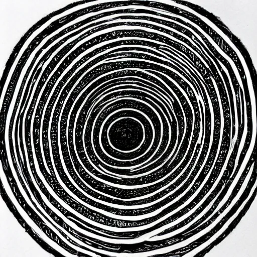 Image similar to an infinite spiral, micron pen drawing, black ink, brutalist