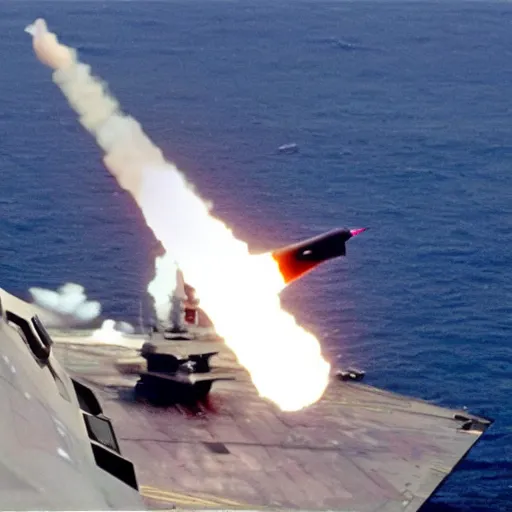 Image similar to A highly detailed wide angle photograph of a fighter jet firing missiles at a warship