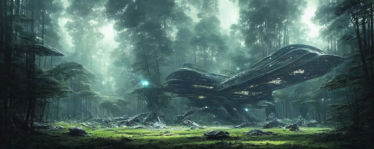 Prompt: a giant megastructure spaceship wrecked and lost in the forest, detailed digital art by greg rutkowski.