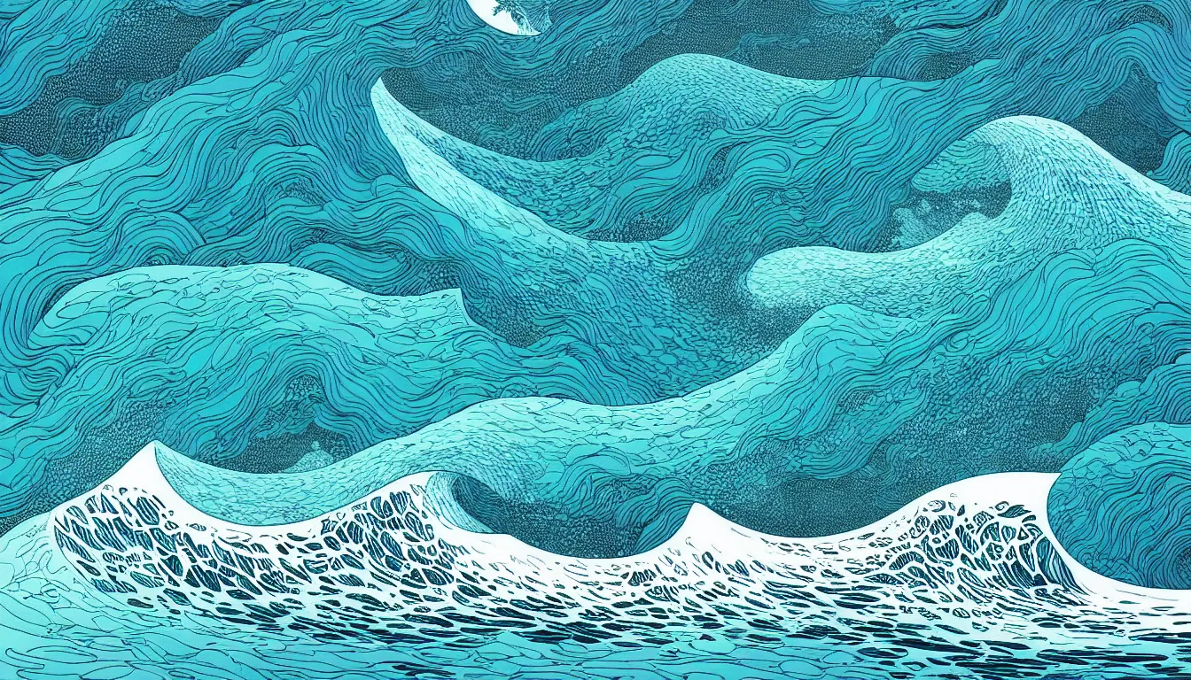 Prompt: minimalist ocean wave by nicolas delort, moebius, victo ngai, josan gonzalez, kilian eng