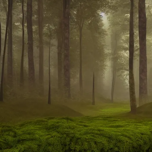 Image similar to Foggy forest with huge trees overgrown with moss and lianas, a hunter in combat wooden exoskeleton with chrome details walks between the roots. 64 megapixels, 8K resolution, DSLR filmic HDR, 3D shading Behance HD CGSociety Cinema 4D IMAX shadow depth rendered in Blender Unreal Engine hyperrealism photoillustration, lots of reflective surfaces, subsurface scattering