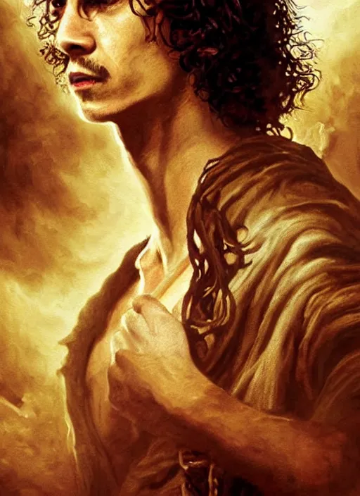 Image similar to a beautiful painting portrait movie poster of Robert Sheehan in Pirates of the Carribean 6, matte painting, fantasy art, dark but detailed digital art, highly detailed, a masterpiece trending on artstation. Robert Sheehan as a young but messy pirate and layabout in this HD preview poster