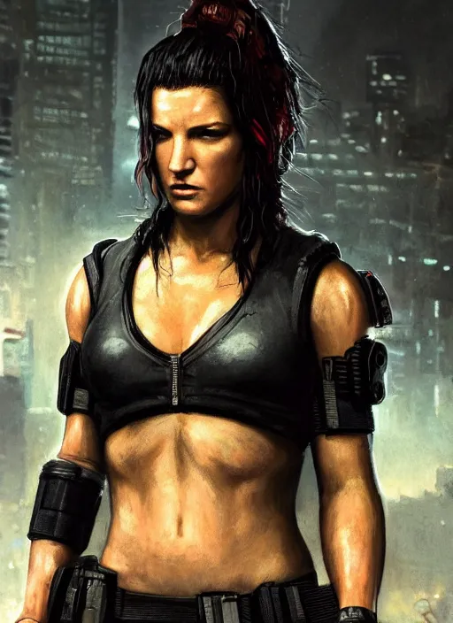 Image similar to gina carano. cyberpunk mercenary in a military vest ( blade runner 2 0 4 9, cyberpunk 2 0 7 7 ). orientalist portrait by john william waterhouse and james gurney and theodore ralli and nasreddine dinet, oil on canvas. cinematic, hyper realism, realistic proportions, dramatic lighting, high detail 4 k