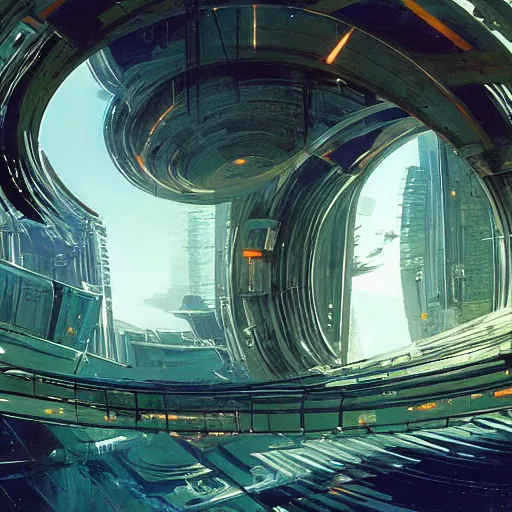 Image similar to overgrown futuristic cityscape located under a bridgeway, world seen only through a portal, daylight, cinematic perspective, cinematic lighting, blue sky, syd mead, john harris, symmetrical