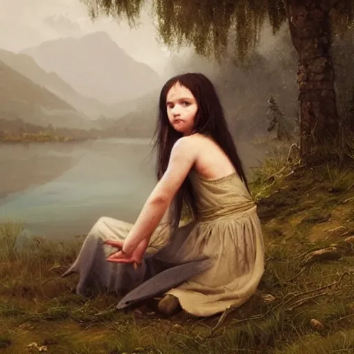 Image similar to Cute young Harpy, wearing medieval clothes, sad expression, sitting at a pond, mountainous area, trees in the background, oil painting, by Greg Rutkowski