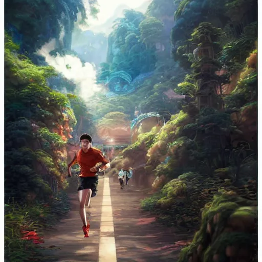 Image similar to portrait of a taiwanese man running, an oil painting by ross tran and thomas kincade, studio ghibli