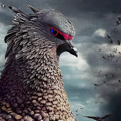 Image similar to Stunning Hyperealistic portrait of a pigeon as Godzilla destroying Sydney city