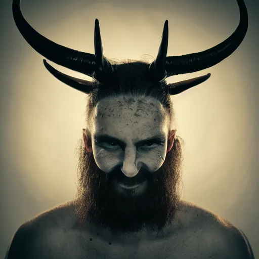 Prompt: a man with horns growing from his head. a black dot. red eyes and sharp teeth. portrait photography, studio lighting, cinematic, chilling 4 k