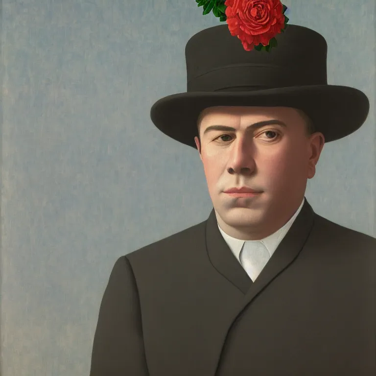 Image similar to portrait of a man, beautiful flowers replaced his head, by rene magritte, detailed painting, hd, hq, high resolution, high detail, 4 k, 8 k