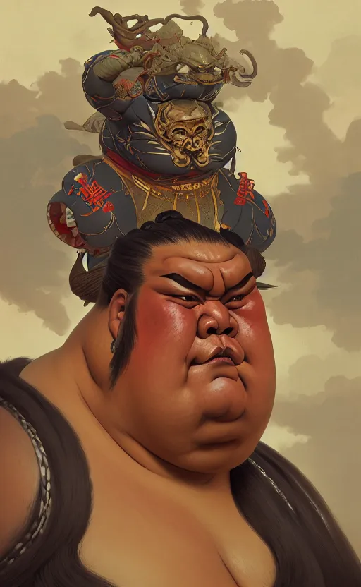 Image similar to a dynamic portrait of a gigantic sumo wrestler, a fat tank monster wearing a tibetan demon mask, concept art, deep focus, fantasy, intricate, highly detailed, digital painting, artstation, matte, sharp focus, illustration, art by greg rutkowski and alphonse mucha