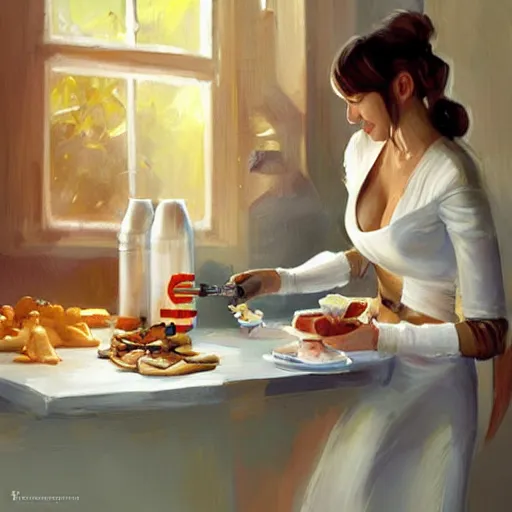 Prompt: Star wars battle droid making breakfast, painting by Vladimir Volegov