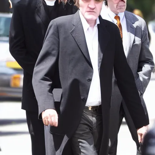 Image similar to quentin tarantino at a funeral, wearing a yarmulke, paparazzi