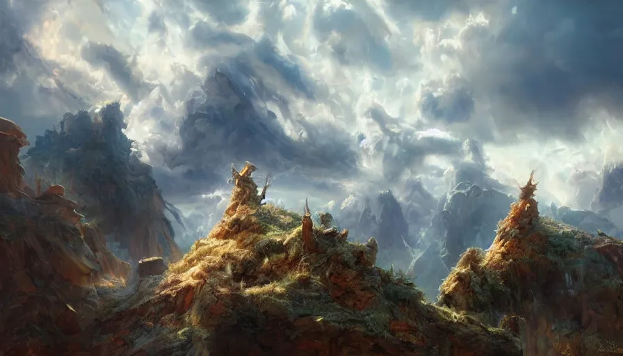 Image similar to excellent painted deamon in an epic and magical landscape from another dimension with fluffy clouds, painted by Hans Fredrik Gude, Greg Rutkowksi, Craig Mullins and Artgerm, concept art 2022, 4k, ultra realistic highly detailed oil painting