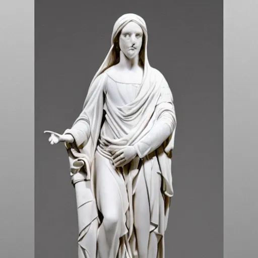 Prompt: a well-lit detailed studio photo of a marble sculpture of Mary dressed in robes with her hair covered, holding the body of Jesus by Antonio Canova