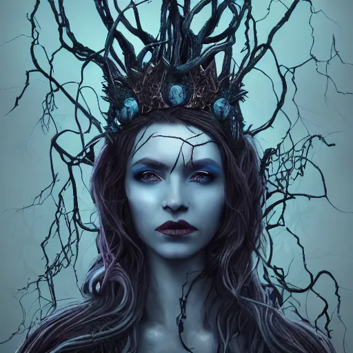 Image similar to dramatic portrait of the dark queen of snakes, wearing a crown of thorned vines, blue skin, realism, dark fantasy illustration, surrounded by dead forest, dynamic lighting, detailed textures, octane render, artstation