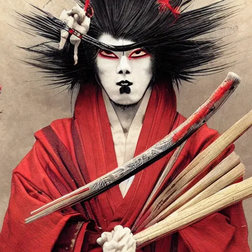 Prompt: an epic portrait of insane kabuki male wielding a spear, magical aura of insanity, intricate hakama, poofy red wig, eerie, highly detailed, dark fantasy, art by artgerm and greg rutkowski