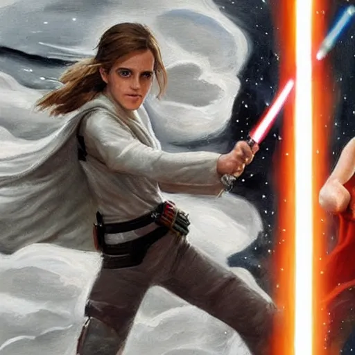 Prompt: a beautiful painting of Emma Watson fighting Luke Skywalker with a lightsaber, realistic Star Wars still