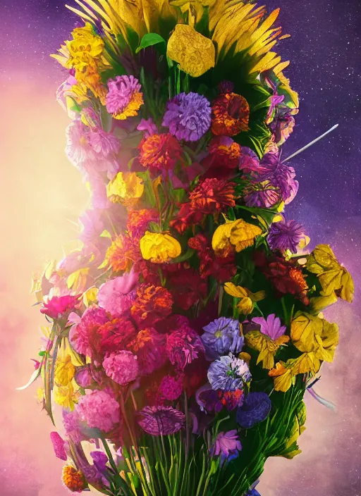 Image similar to An epic fantastic realism comic book style painting of the most beautiful flowers launched into space, bouquets, Shamanic Mask made of flowers, fisheye lens, unreal 5, DAZ, hyperrealistic, octane render, dynamic lighting