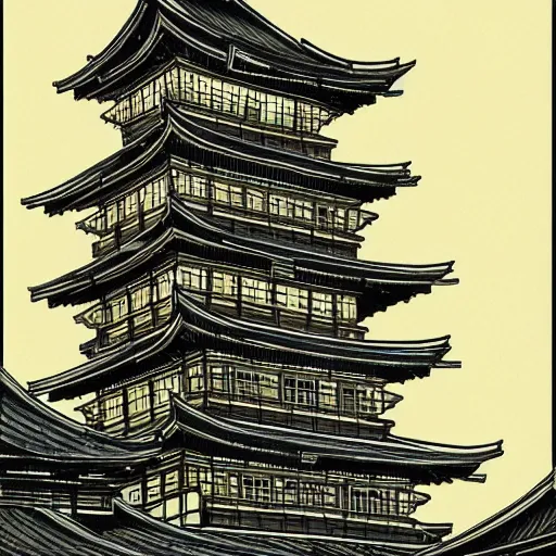 Image similar to a beautiful ink painting of buildings in japanese traditional style, in the style of hiroshi yoshida, at night, light effect, detailed, high - definition, exquisite isolated very detailed, moody lighting, 8 k highly detailed, trending on artstation