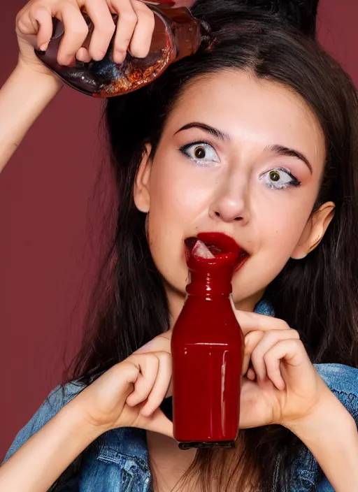 Prompt: A TikTok model is pouring hot sauce into her mouth as a challenge