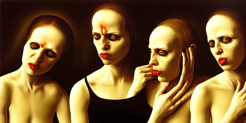 Prompt: the three fates pain pleasure suffering adventure love abstract oil painting by gottfried helnwein pablo amaringo