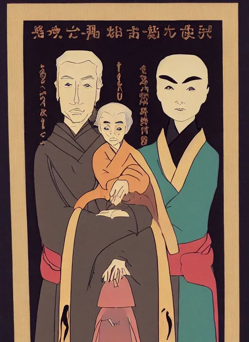 Image similar to family portrait of duke leto atreides lady jessica and prince paul atreides, dune, father mother and son, three figures, detailed, solemn, commanding, powerful, in the style of yamato - e, traditional japanese, tosa school, tosa mitsuoki, tosa mitsunobu, iwasa matabei.