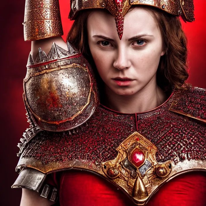 Image similar to full body photo of a beautiful strong warrior queen wearing ruby encrusted armour, highly detailed, 4 k, hdr, smooth, sharp focus, high resolution, award - winning photo