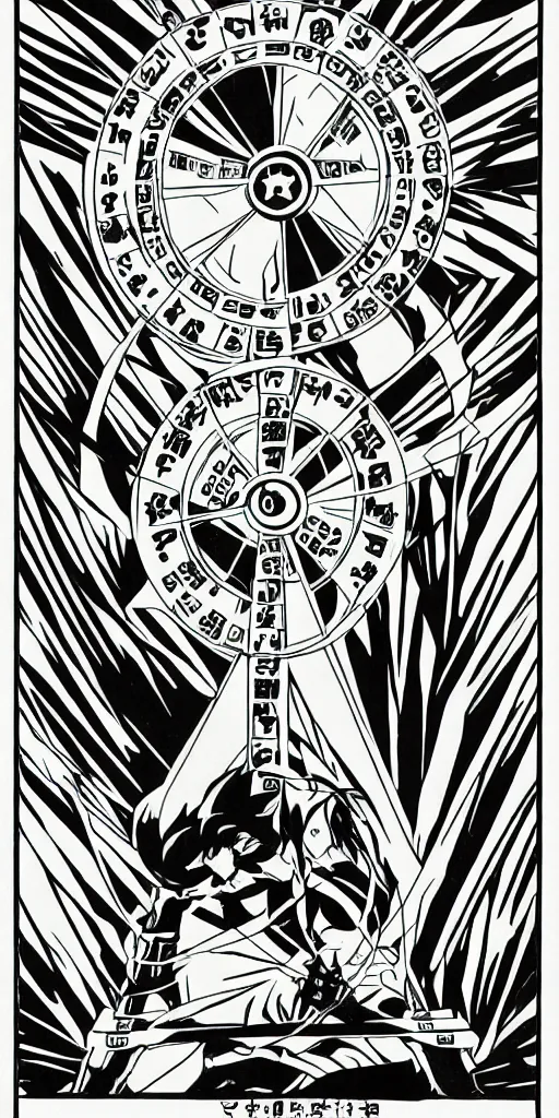 Prompt: Wheel of Fortune tarot card by a famous anime artist, clean and sharp lines, minimalistic, taoist