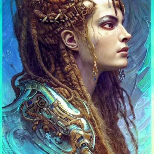 Image similar to octane render, artstation, 8 k, intricate detail, hyper detail, portrait by h. r. giger, gaston bussiere, bayard wu, greg rutkowski, greg rutkowski, sandro botticelli, tan lady of elche egyptian sumerian techno mystic goddess princess intergalactica inanna with aqua neon rapunzel dreadlocks,